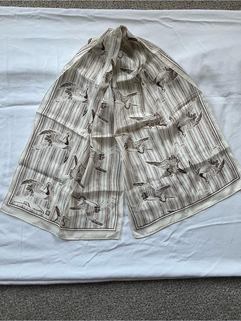 Bird Motif Silk Scarf in Cream and Brown, classic japanese inspired